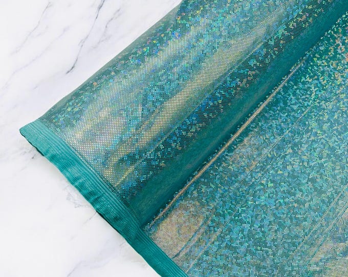 Mint Hologram Broken Glass 4 Way Stretch By The Yard, Nylon Spandex Shattered Glass Style, Shatter Glass Metallic Foil Swimwear Costume