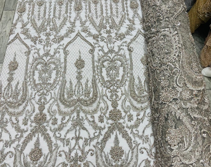 Mia’s Fabrics, Silver - Beaded Fabric - by the yard - Embroidered With Pearls and Beads on Mesh