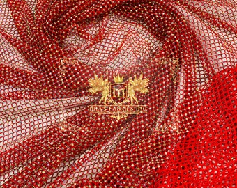 Red Rhinestone Fishnet Fabric: Iridescent Crystal Spandex - Sold by the Yard