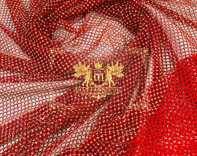 Iridescent Rhinestones Fabric On Red Stretch Net Fabric, Spandex Fish Net with Crystal Stones sold by the yard