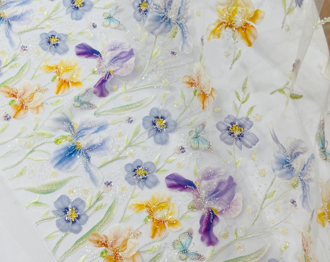 Multi Color Magnolia 3D Flower Beaded Sequin Fabric: Embroidered Butterfly Mesh Bridal Wedding Appliqué