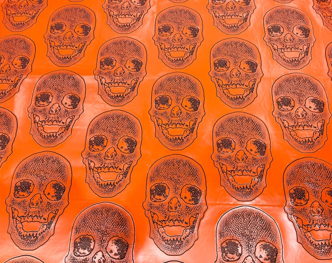 Orange Big Skull Vinyl Fabric - by yard - Skull Vinyl, Leather Upholstery 54”Wide, (Pick a Size)