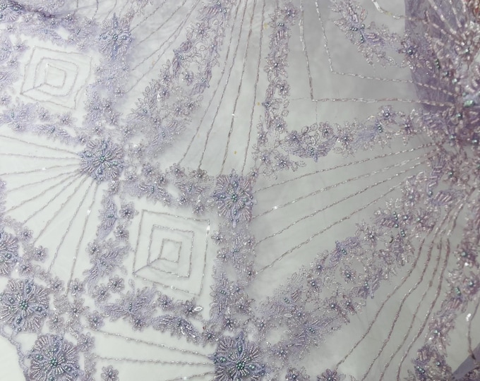 Lilac Beaded Geometric Pattern Beaded Fabric, by the yard, Embroidery Beaded Lace Fabric, Geometric Luxury Bridal Beaded Fabric on a Mesh