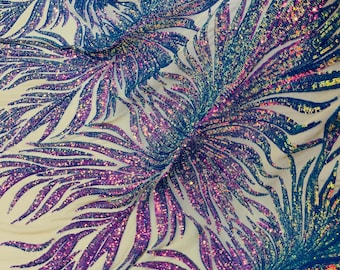 Lavender Iridescent Sequin Fabric By The Yard, Nude Mesh 4 Way Stretch, Embroidery on a Mesh Phoenix Wing Sequins Fabric for Prom Gala Gown