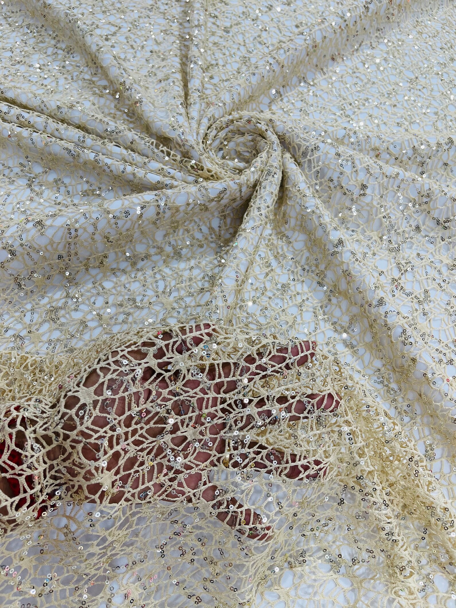 Beige Fish Net Fabric, Cast Net Design Champagne Sequins Embroidery on ...