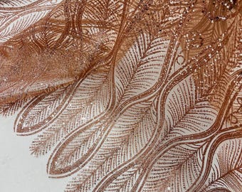 Rose Peach Glitter Sequin on Mesh Lace Fabric By The Yard for Wedding Decor, Damask Glitter Sequin Fabric Bridal/Prom, Shimmer Glitter