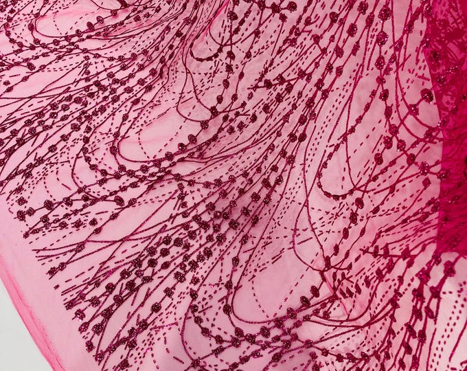 Hot Pink Glitter on Mesh Lace Fabric By The Yard for Wedding Decor - Bridal/Prom - Shimmer, Hot Pink Glitter Fabricr - Luxury Sparkle Mesh