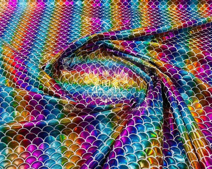 Mia's Fabrics Inc, Mermaid Design Multi Color Iridescent Rainbow Metallic Nylon Spandex 4-Way Stretch 58/60”, Sold By The Yard (Pick a Size)