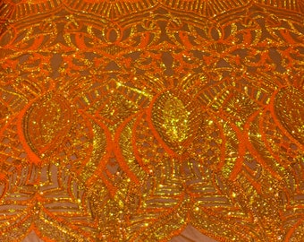 Orange Iridescent Sequins Fabric: Royalty Design Mesh, 4-Way Stretch - Prom Gown