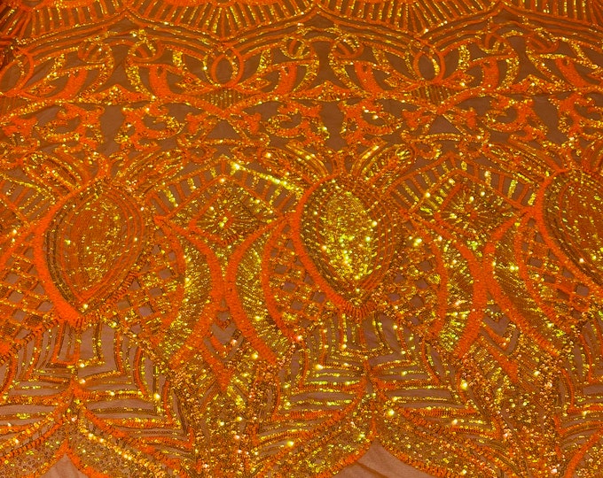 New Orange Iridescent Sequins Fabric on a Mesh, Royalty Design on a Mesh 4way Stretch Sequin-Prom-Gown By The Yard