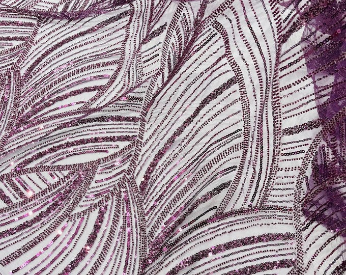 Plum Beaded Lace Fabric: Embroidered Mesh, Bridal Wedding Dress - Fashion Beaded