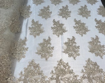 Champagne Floral Embroidered Sequin Lace Fabric - By The Yard