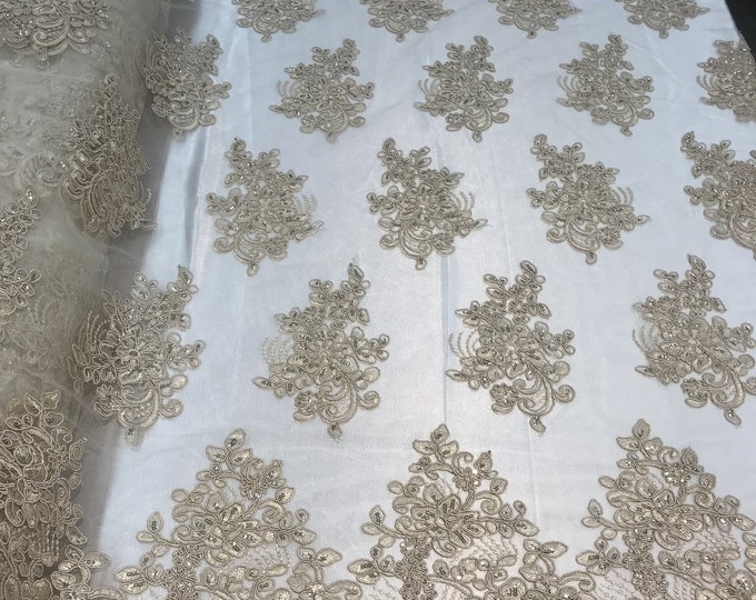 Flower Lace Fabric - Champagne Floral Clusters Embroidered Lace Mesh Fabric Sold By The Yard