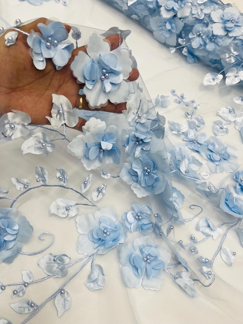 Baby Blue 3D Floral Lace Fabric With Pearls: Embroidered Mesh, Prom ...