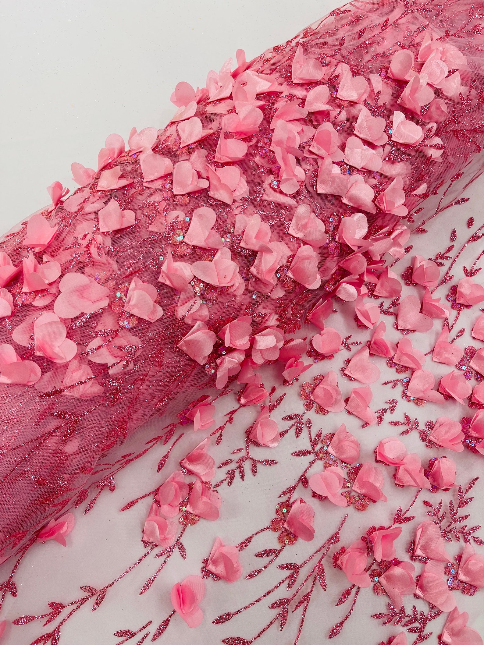 Candy Pink 3D Flower Glitter Sequin Fabric by the Yard, Pink 3D Floral ...