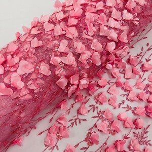 Candy Pink 3D Flower Glitter Sequin Fabric by the Yard, Pink 3D Floral ...