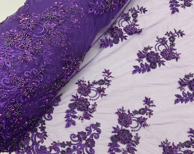 Purple Floral Cluster Beaded Fabric - Embroidered Flower Beaded Fabric Wedding Bridal Sold By The Yard