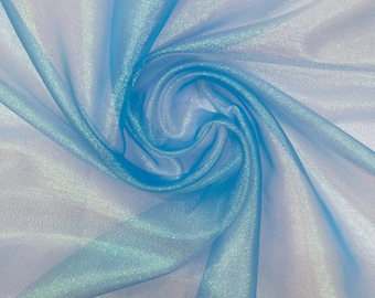 AQUA Iridescent Sparkle Organza Fabric, Holographic Wedding Veil Material (60" Wide)
