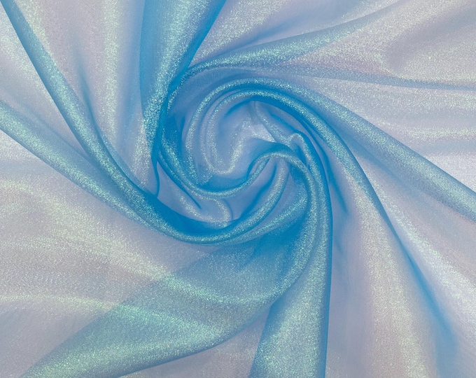 Aqua Iridescent Sparkle Organza Fabric, Stiff Holographic Shiny Wedding Bridal Dress Veil Fabric, Party Decor