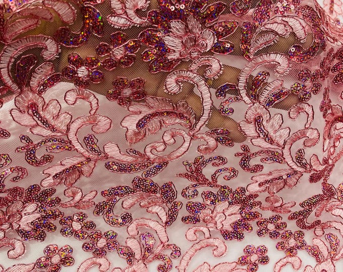 Dusty Pink Metallic Corded Flower Lace Fabric by the yard: Embroider With Holographic Sequins Fabric