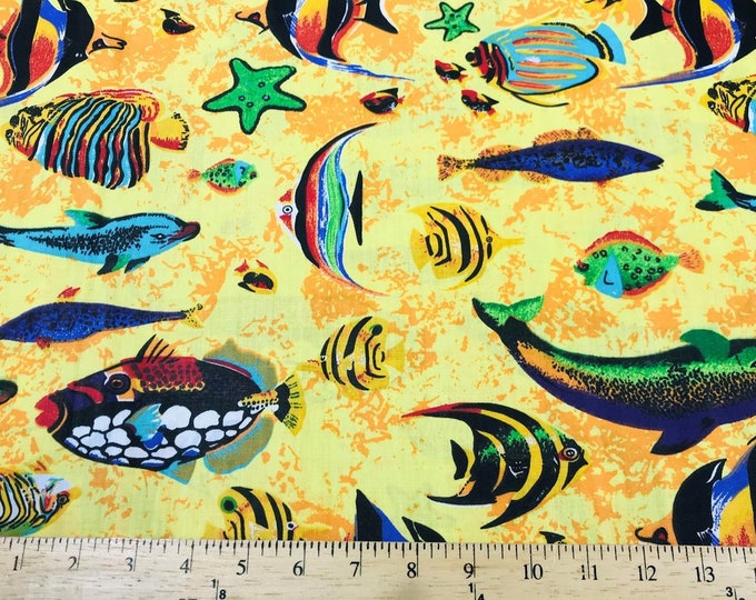 Mia's Fabrics Inc, Yellow Fish Tank Aquarium Printed Poly Cotton Fabric By The Yard - 60" (Pick a Size)