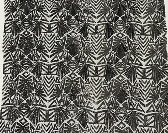 Black Geometric Sequins Fabric: 4-Way Stretch Mesh, Prom Gown Material