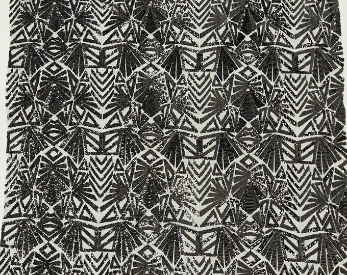 Black 4 Way Stretch Geometric Sequins Emily Design Shiny Fabric on Mesh for Prom Gala Gown By The Yard
