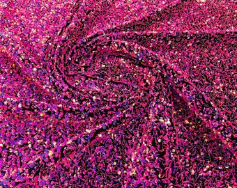Fuchsia/Lilac Iridescent Sequin Fabric on Black Stretch Velvet - by the yard - all Over 5mm Sequins Velvet 2-way Stretch 58/60”