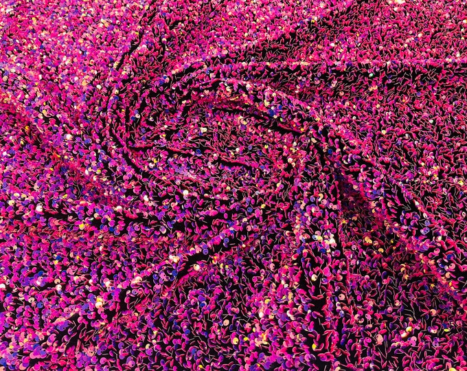 Fuchsia/Lilac Iridescent Sequin Fabric on Black Stretch Velvet - by the yard - all Over 5mm Sequins Velvet 2-way Stretch 58/60”