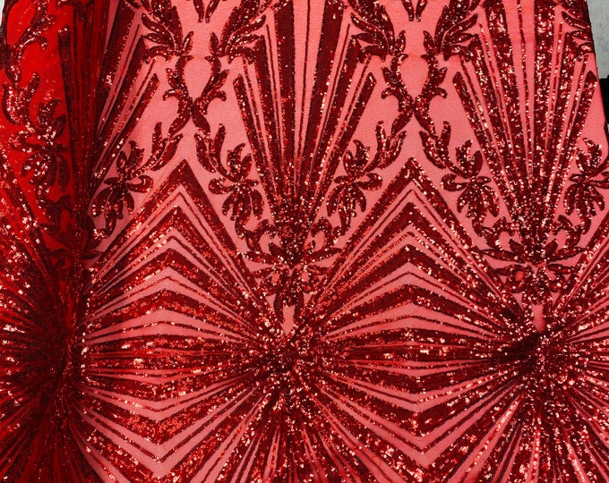 Red Sequins Lace Fabric On a Mesh, Geometric Design Embroidered On 4 way Stretch Sequin By The Yard -Prom-Gown ( Choose The Size )