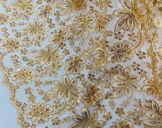 Champagne Metallic Corded Floral Lace Fabric by the yard: Embroider With Holographic Sequins Fabric