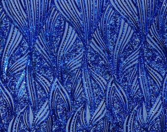 Royal Blue Sequins Fabric 4 Way Stretch on a Mesh | Embroidered Damask Design With Sequin Lace Prom-Gown by the yard