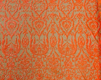 Holographic Orange Sequins Fabric | by the yard | Nude Mesh 4 Way Stretch | Embroidered King Damask Design With Sequin Lace Prom-Gown