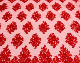 Red Flower Embroidery Lace Fabric with Sequins - Bridal Wedding Dress