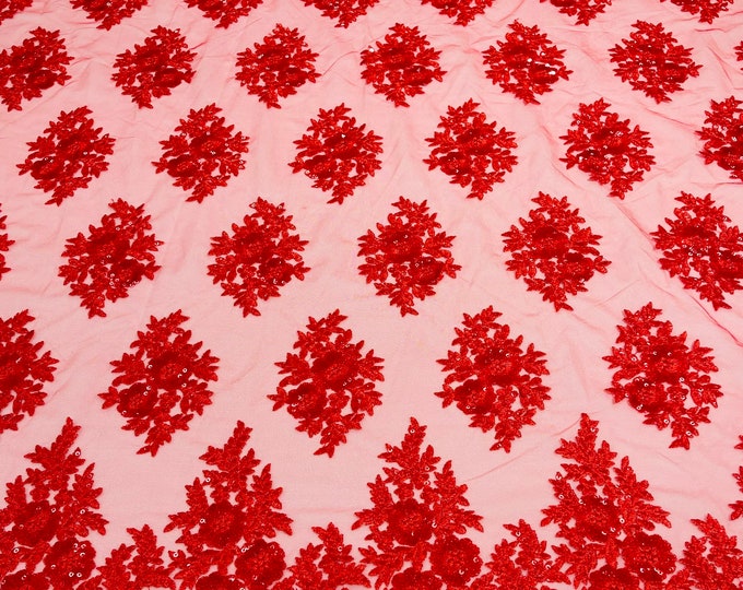 Red Lace Fabric - by yard - Corded Flower Embroidery With Sequins on a Mesh Lace Fabric For Wedding-Bridal-Dress