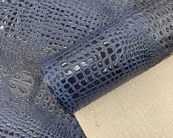 Navy Blue Gator Embossed Vinyl Fabric: Faux Crocodile Leather Upholstery