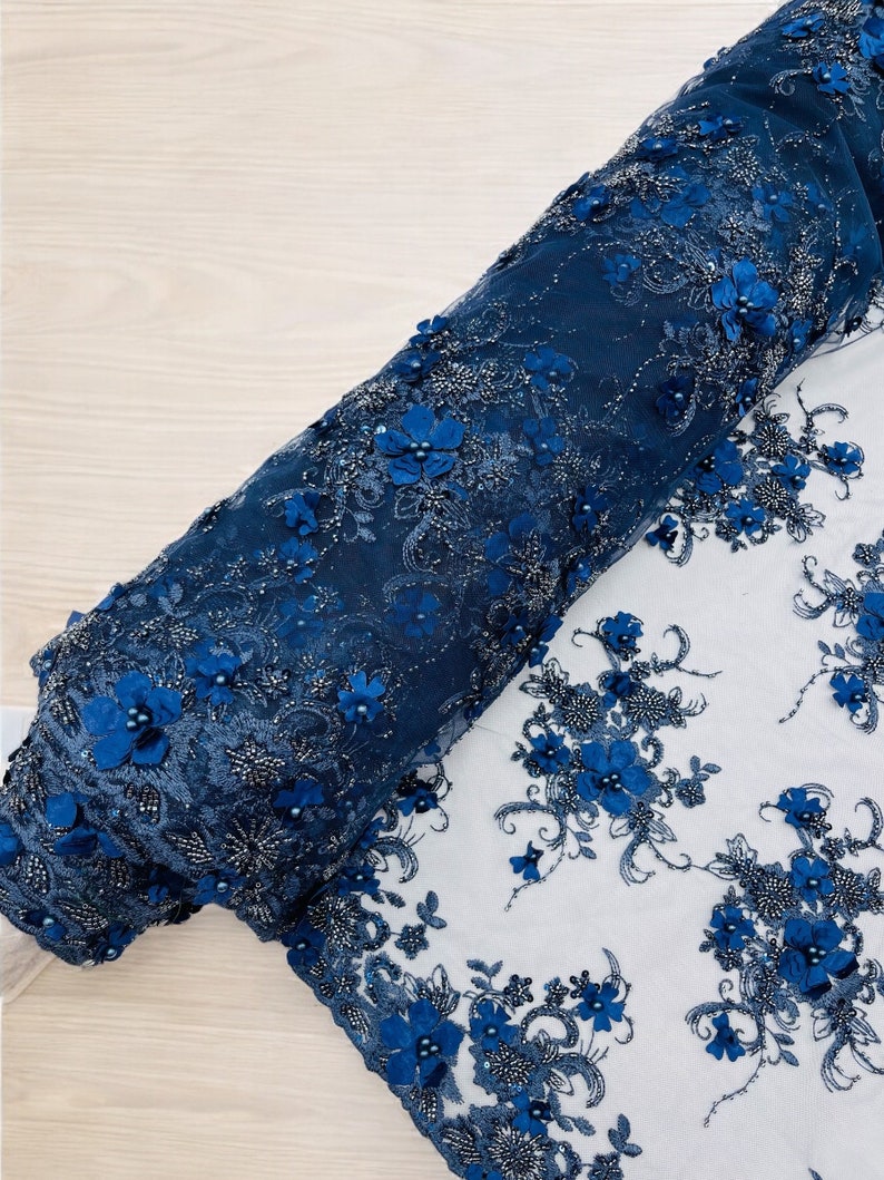 Navy Blue 3D Floral Beaded Embroidery Lace Fabric - Etsy