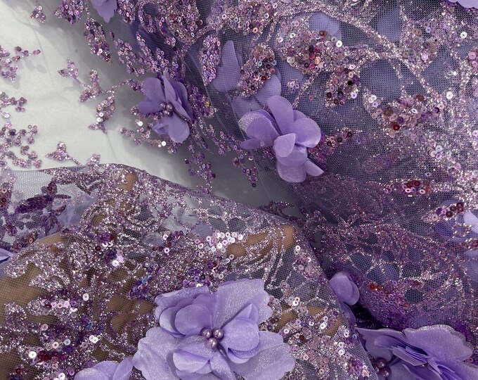 Lilac Big 3D Flower Glitter Sequin Fabric by the yard, Big 3D Floral Glitter Sequin On Mesh for wedding dress Quinceañera