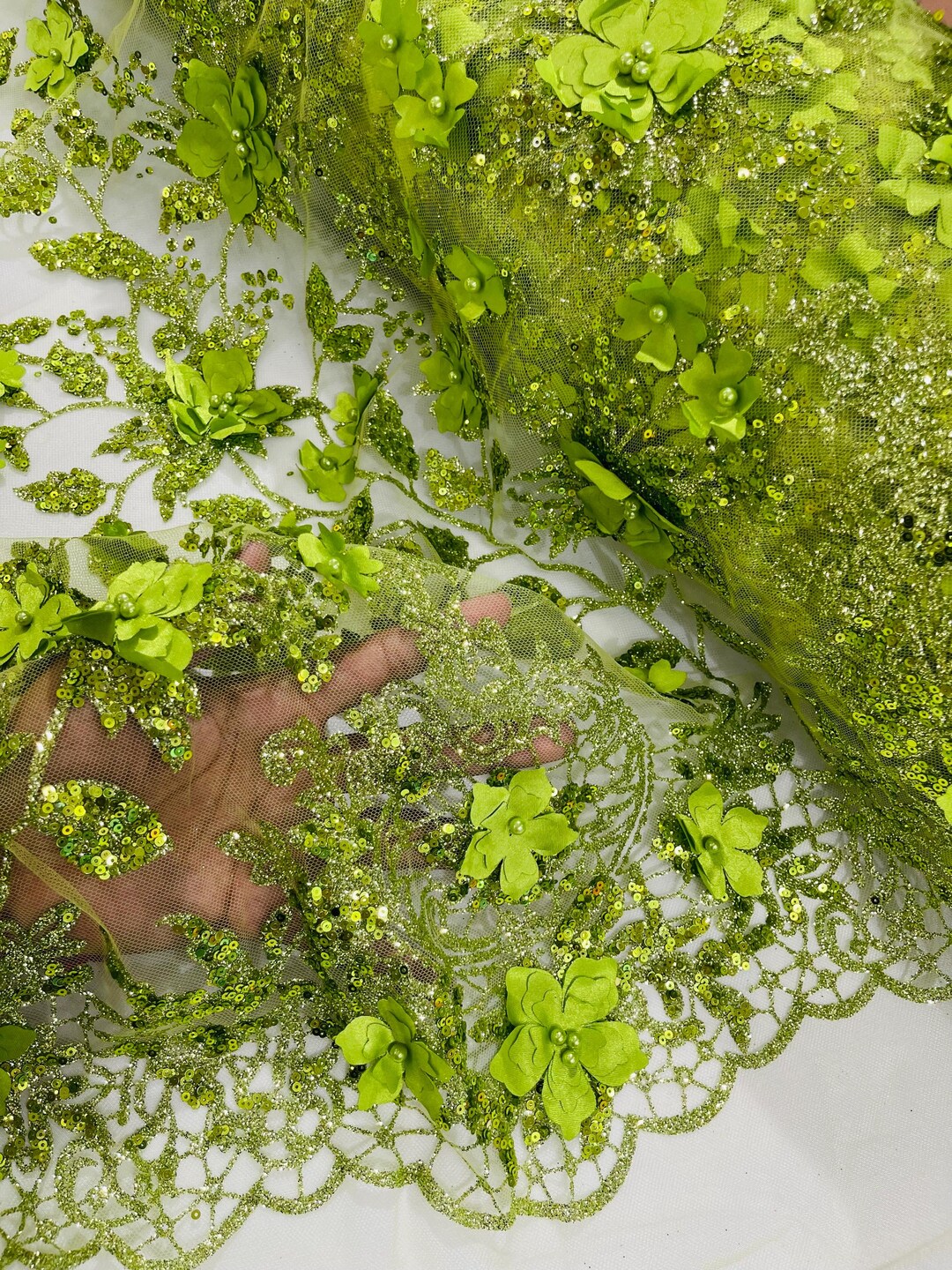 Lime Green 3D Flower Sequin Fabric, Glitter Floral Mesh, Wedding Dress ...