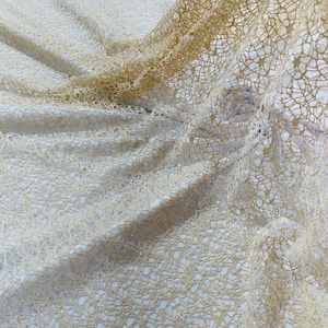 May include: Beige lace fabric with a delicate, intricate pattern. The fabric is sheer and has a soft, flowing texture.