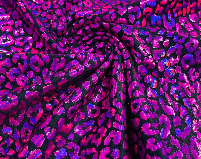 Metallic Leopard Print Spandex Fabric: Black/Fuchsia Hologram, 4-Way Stretch