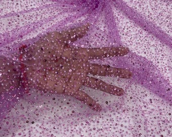 Lilac Beaded Sequin Mesh Lace Fabric, Rain Design Embroidery By The Yard