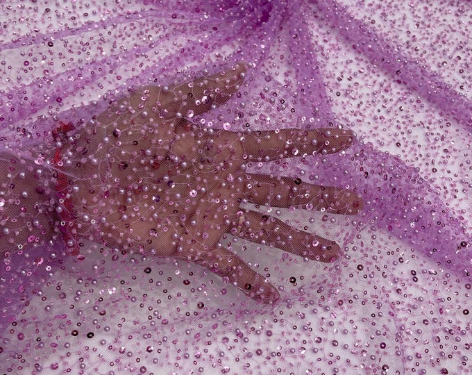 Lilac Beaded Sequin Mesh Lace Fabric, Rain Design Embroidery By The Yard