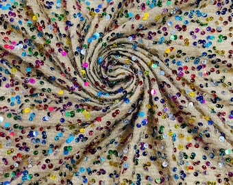Multi Color Hologram Sequin Fabric On Champagne Fabric: Confetti Sequins, 2-Way Stretch By Yard
