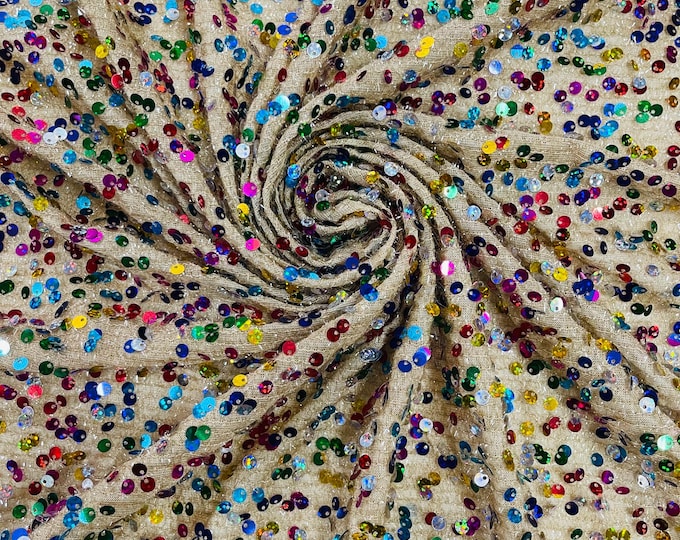 Multi Color Hologram Sequin Fabric On Champagne Fabric: Confetti Sequins, 2-Way Stretch By Yard