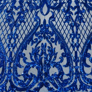 Fringe Sequins Design On A Black 4 Way Stretch Mesh Prom Fabric (1 Yard, Royal Blue) main image 0