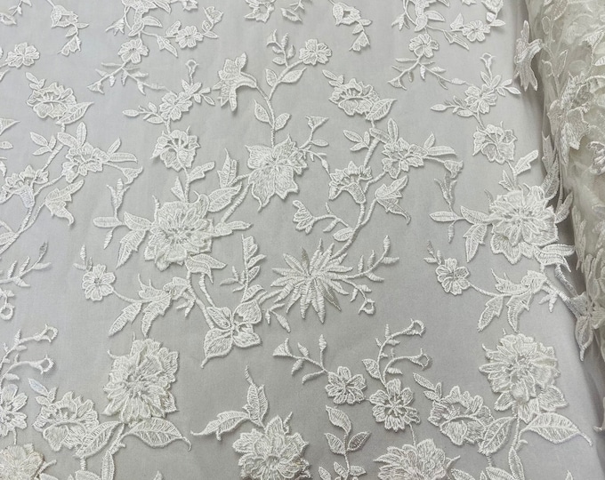 Ivory 3D Flower-Floral and Leaves Embroidery on a Mesh Lace Fabric , Floral Bridal Lace Wedding Dress By The Yard