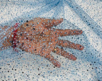 Baby Blue Beaded Sequin Mesh Lace Fabric, Rain Design Embroidery By The Yard