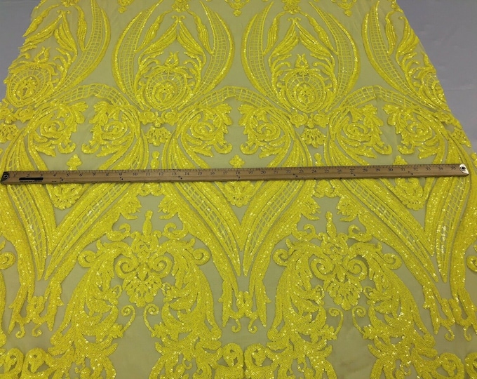 Yellow Sequin Damask Design  - 4 Way Stretch Fancy Big Damask Design Sequins on Spandex Mesh Prom Gala Gown Fabric By The Yard