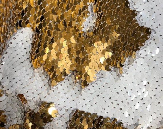 Gold/White Flip Up Sequins Reversible, 2-Way Stretch 58/60” Sequins Fabric Dresses-Nightgowns-Prom Gown (Choose The Quantity)
